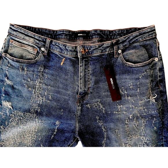 Nova Men's Blue Jeans Sz 42 Switch Up The Flow Stacked Slim Fade Detail Distress - Picture 2 of 16